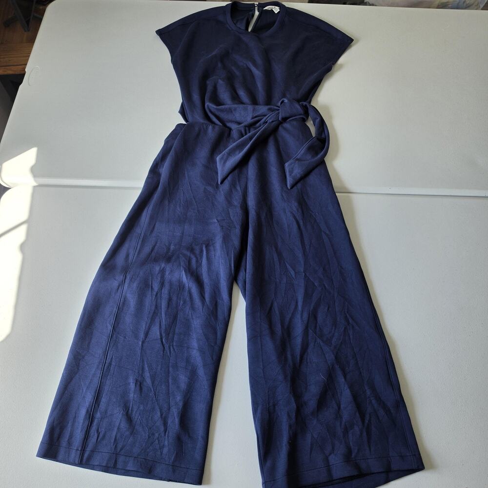 Spanx Jumpsuit Womens Large Blue Belted Crew Neck Wide Leg Jersey Casual Travel